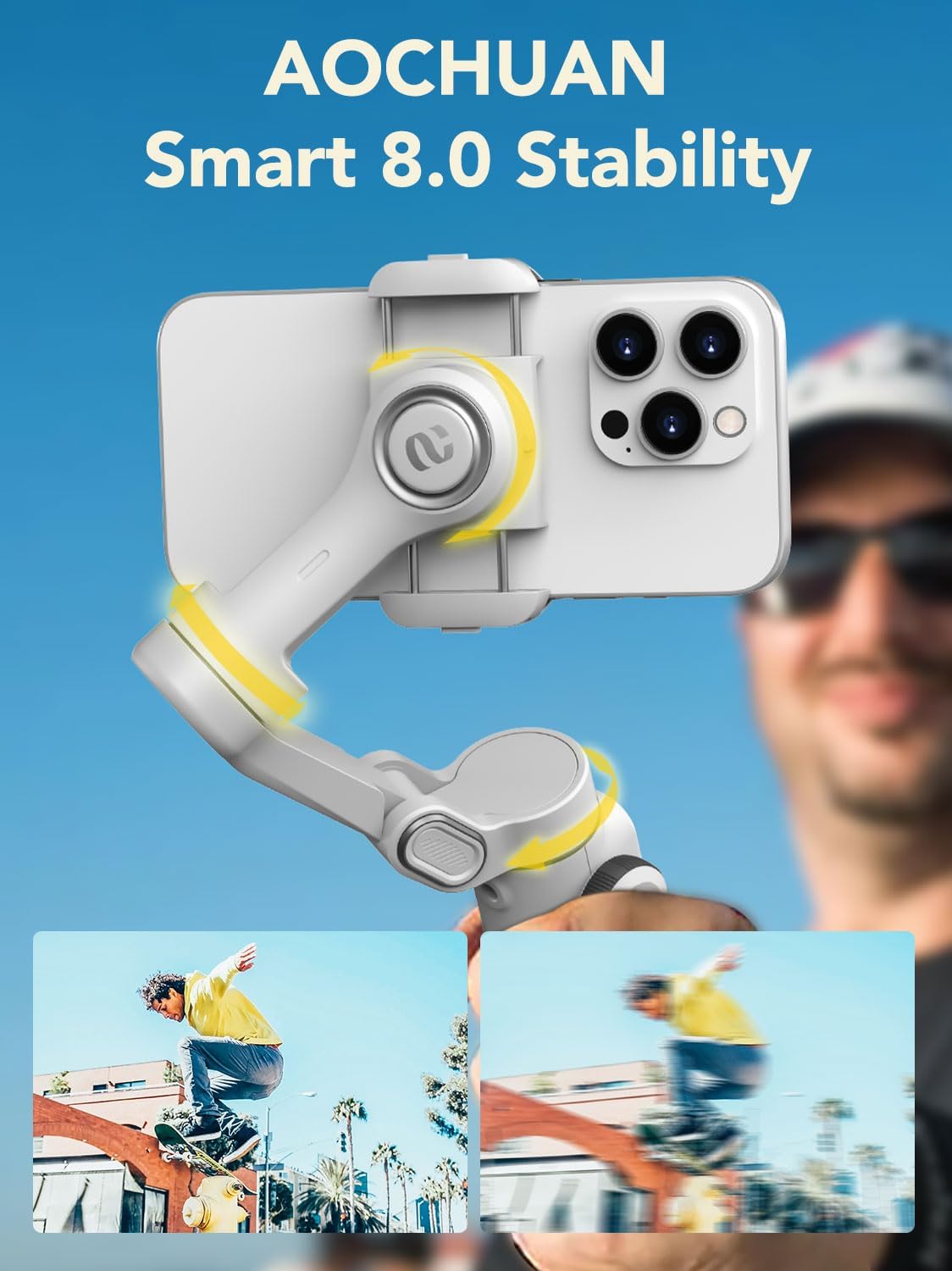 Smart Gimbal Stabilizer for MOBILE,Face,Body & ObjectTracking, Built-in 20cm Extension Rod, 3-axis Handheld Smartphone Gimbal, with OLED Display,White