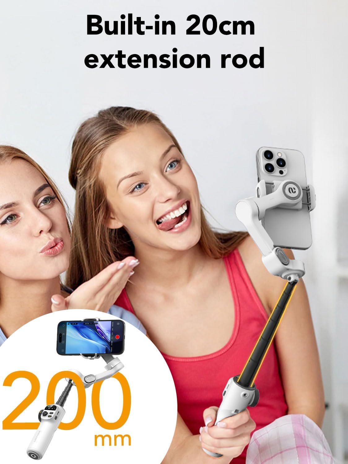 Smart Gimbal Stabilizer for MOBILE,Face,Body & ObjectTracking, Built-in 20cm Extension Rod, 3-axis Handheld Smartphone Gimbal, with OLED Display,White