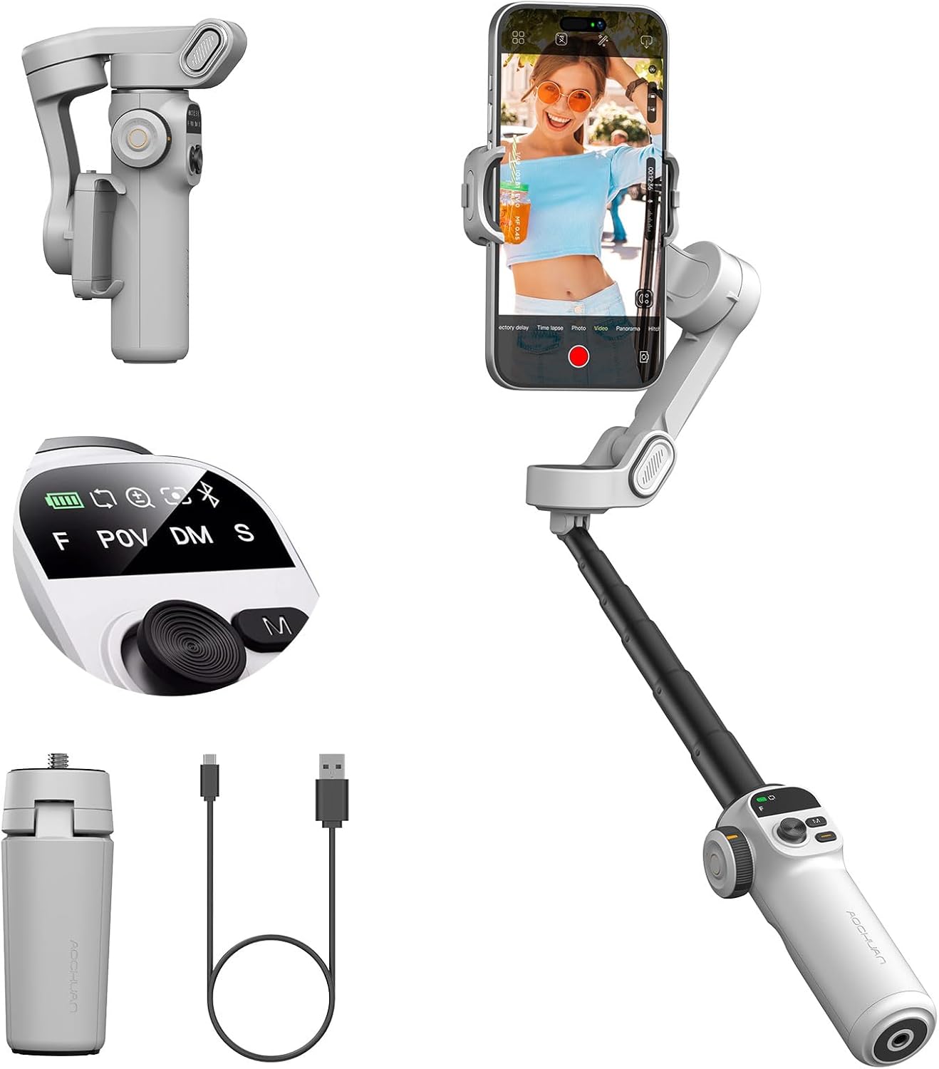 Smart Gimbal Stabilizer for MOBILE,Face,Body & ObjectTracking, Built-in 20cm Extension Rod, 3-axis Handheld Smartphone Gimbal, with OLED Display,White
