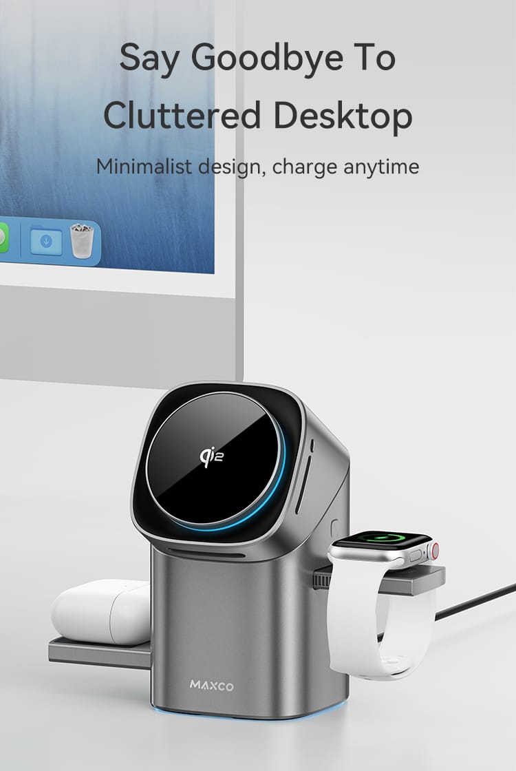 Maxco Qi2 3-in-1 Full Touch Wireless Charger | 15W Magnetic Fast Charging Dock | Touch Control LED Display | Foldable Travel Station for iPhone, Apple Watch & AirPods | Premium Black